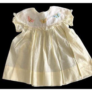 Vintage NANNETTE Pale Yellow Embroidered Butterflies Sheer Baby Dress Lace USA